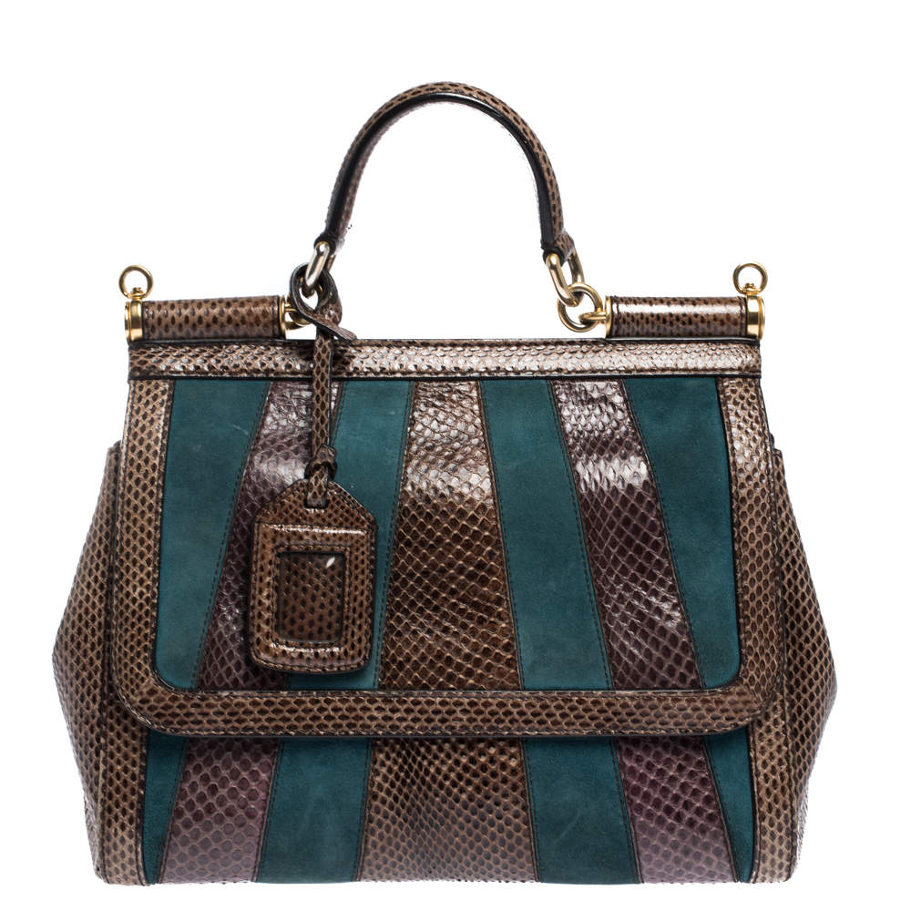 Pre Owned حقيبة دولتشي آند غابانا ميس سيسيلي سويدي وجلد ثعبان أزرق مخضر/ بني