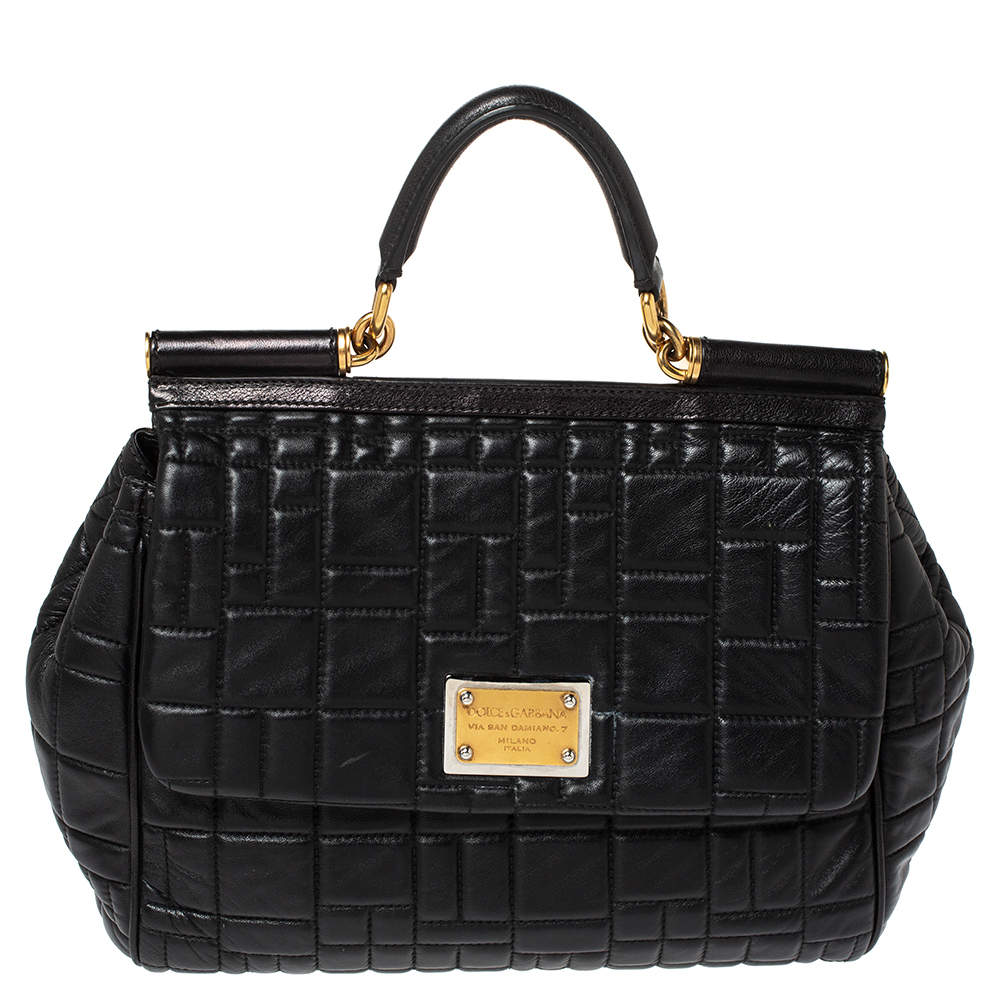 Pre Owned Dolce and Gabbana Black Leather Large Miss Sicily Top Handle Bag