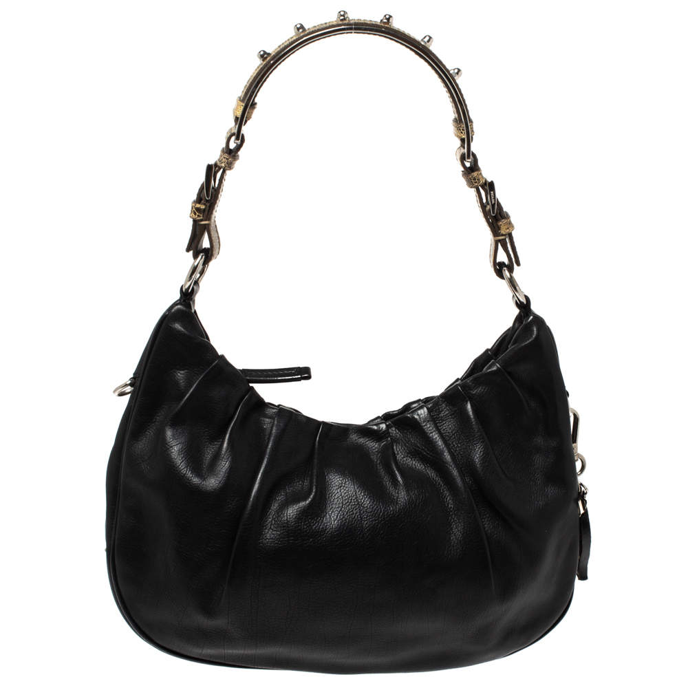Pre Owned Prada Black Pleated Leather and Lizard Hobo