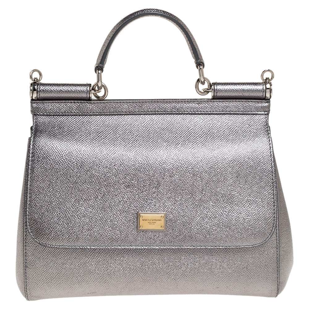 Pre Owned Dolce & Gabbana Metallic Silver Leather Medium Miss Sicily Top Handle Bag