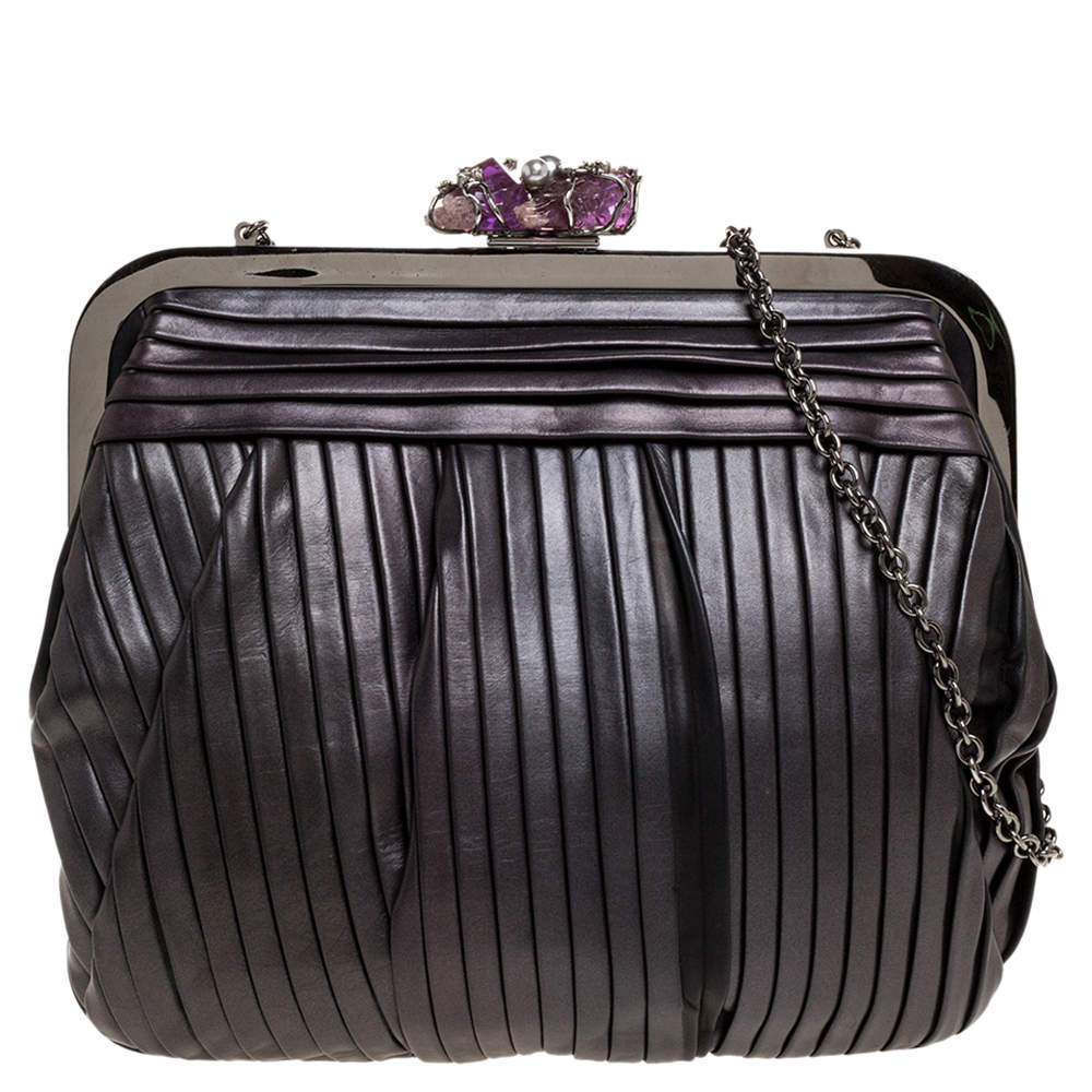 Pre Owned Dolce & Gabbana Black Pleated Leather Crystal Embellished Frame Chain Clutch