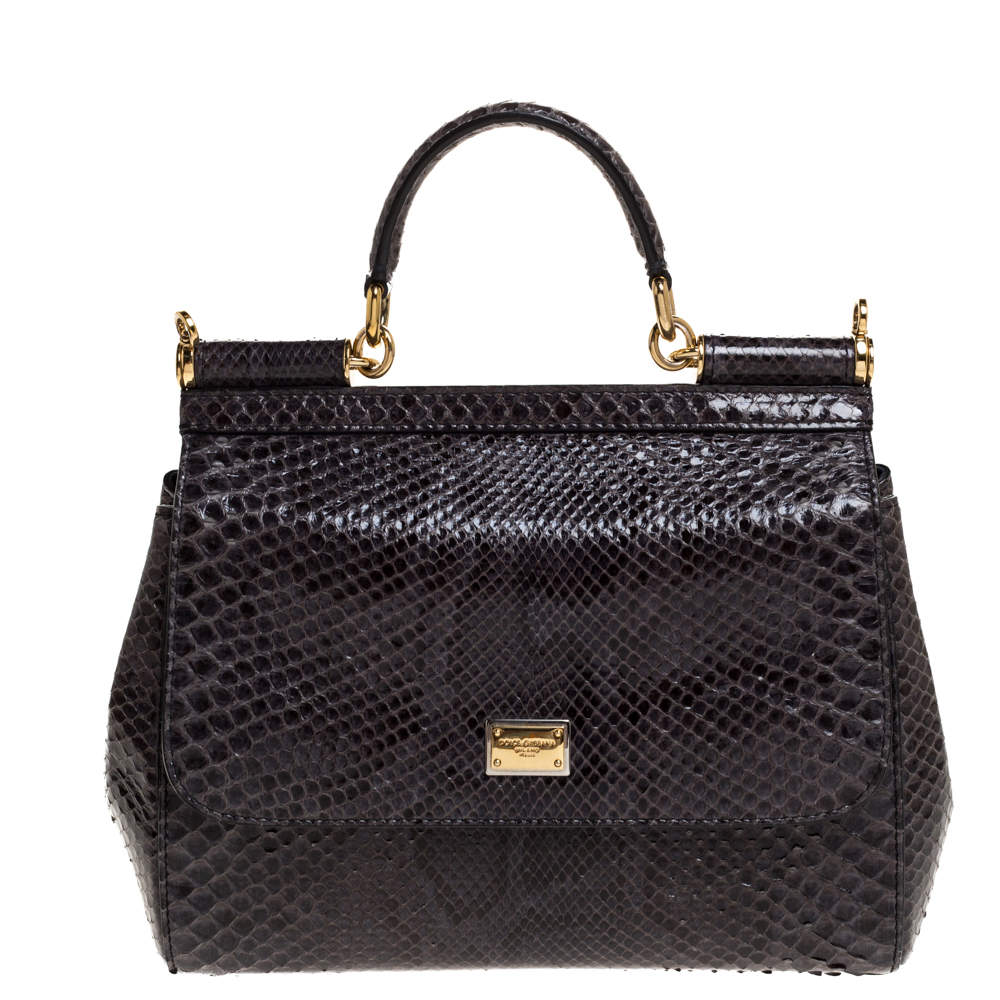 Pre Owned حقيبة دولتشي أند غابانا يد علوية ميس سيسيلي متوسطة جلد ثعبان رصاصي داكن