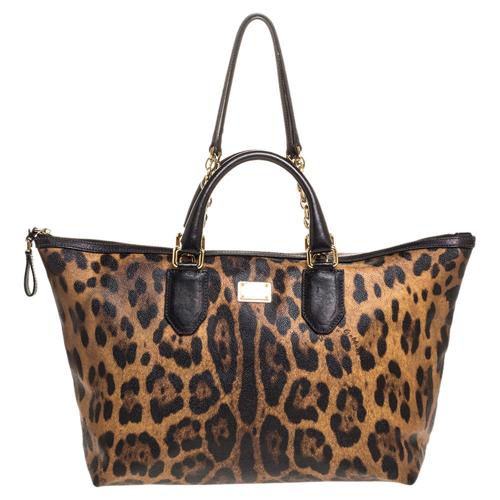 Dolce & Gabbana Beige/Black Leopard Print Coated Canvas and Leather Zip Tote