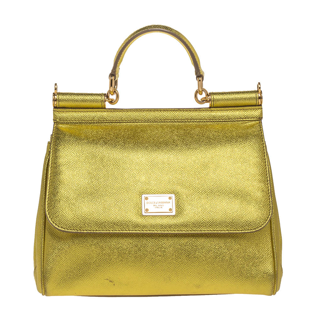 Pre Owned Dolce & Gabbana Metallic Lemon Leather Medium Miss Sicily Top Handle Bag