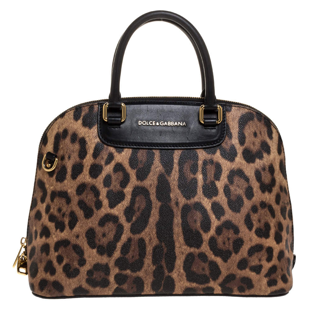 Pre Owned Dolce & Gabbana Black/Brown Leopard Print Coated Canvas and Leather Megan Dome Satchel