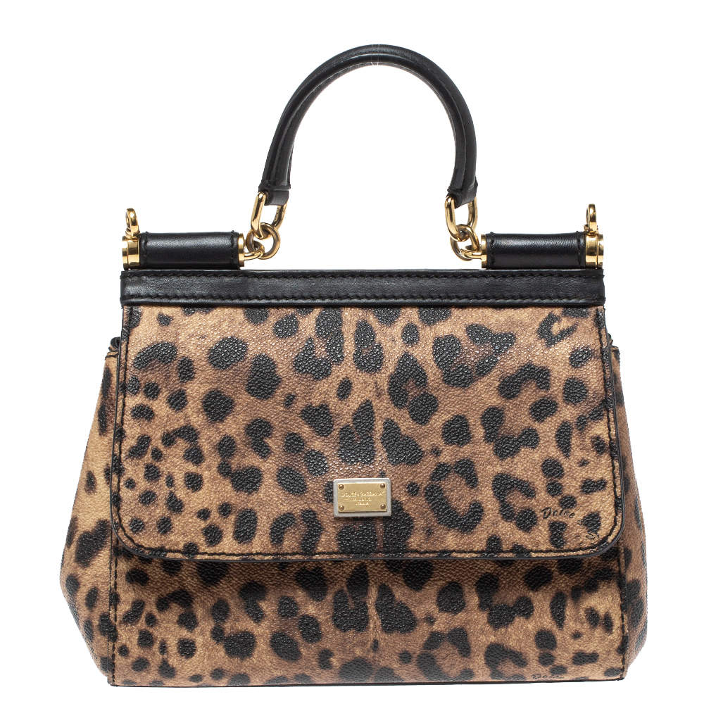 Pre Owned Dolce & Gabbana Black/Leopard Print Coated Canvas and Leather Small Miss Sicily Top Handle Bag