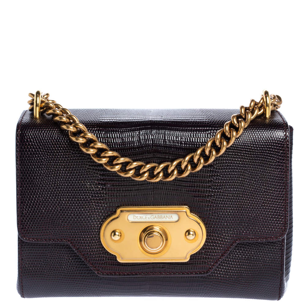 Pre Owned حقيبة كتف دولتشي آند غابانا ويلكم جلد عنابي داكن منقوش نقشة السحلية