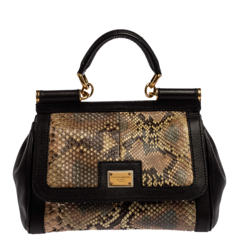 Dolce & Gabbana Brown Leather and Python Medium Miss Sicily Top Handle Bag