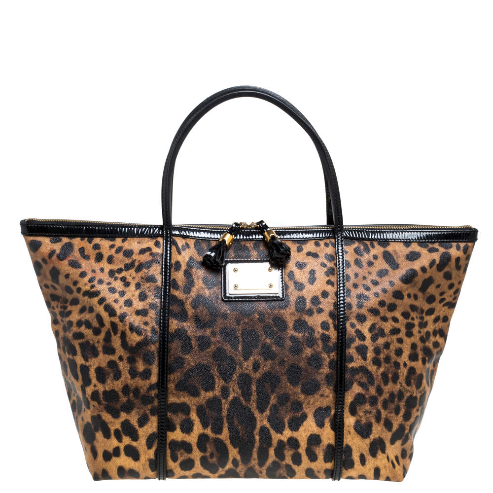 Pre Owned Dolce & Gabbana Black/Brown Leopard Print Coated Canvas and Patent Leather Miss Escape Tote