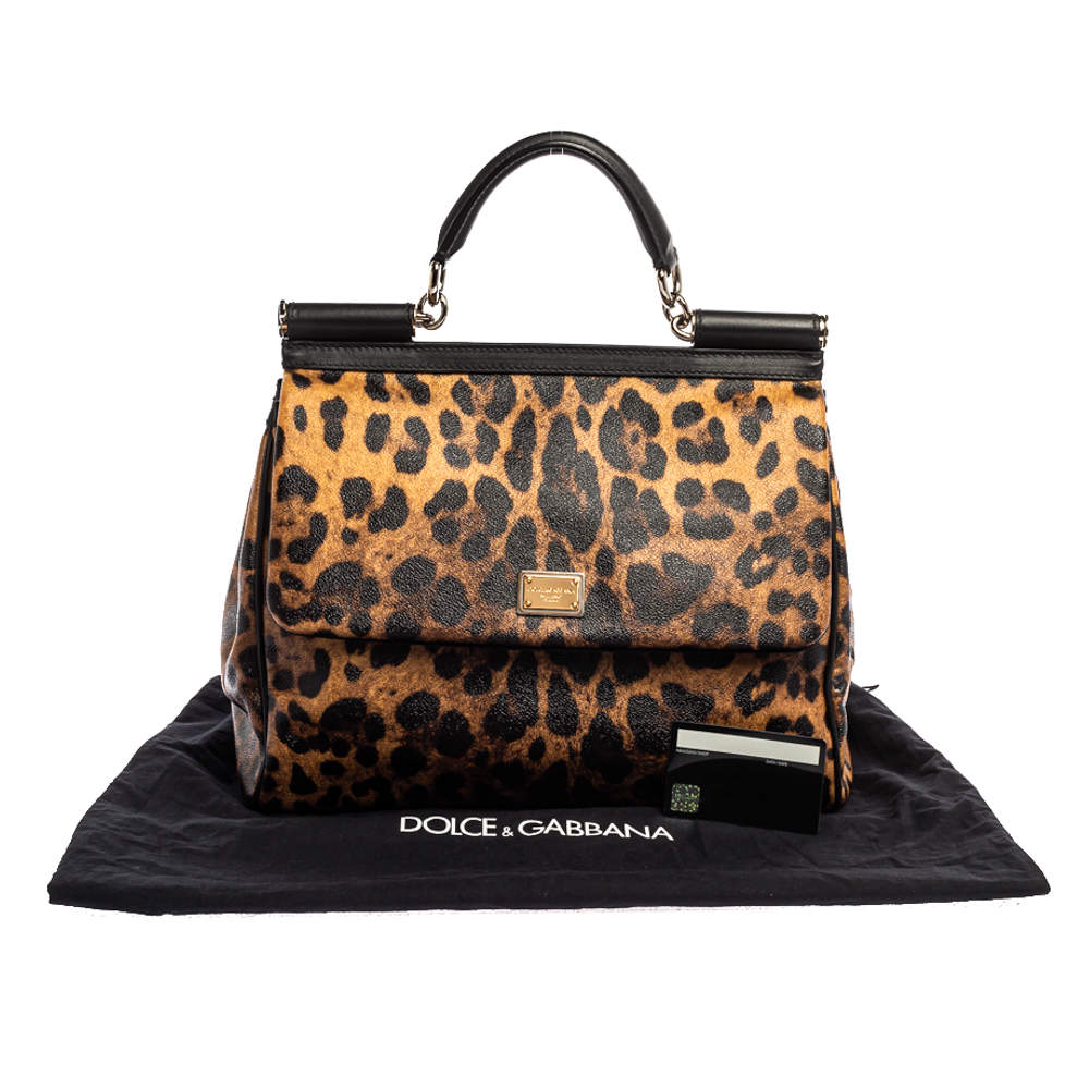 Dolce & Gabbana Brown/Black Leopard Print Coated Canvas and Leather Large  Miss Sicily Top Handle Bag