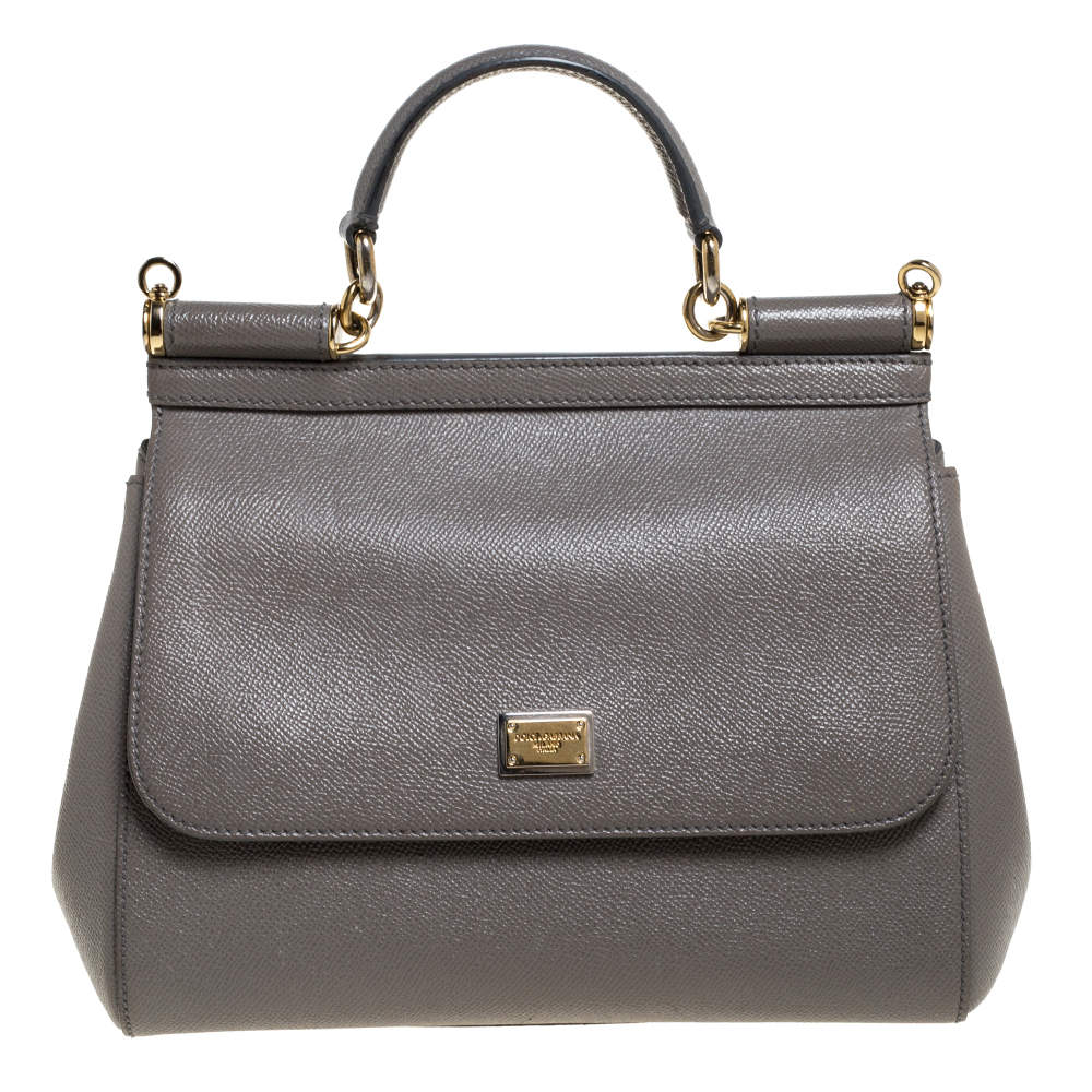 Pre Owned Dolce & Gabbana Grey Leather Medium Miss Sicily Top Handle Bag