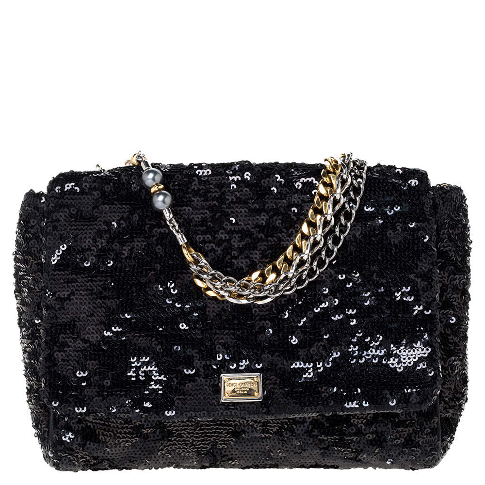 Pre Owned Dolce & Gabbana Black Sequins Miss Charles Shoulder Bag