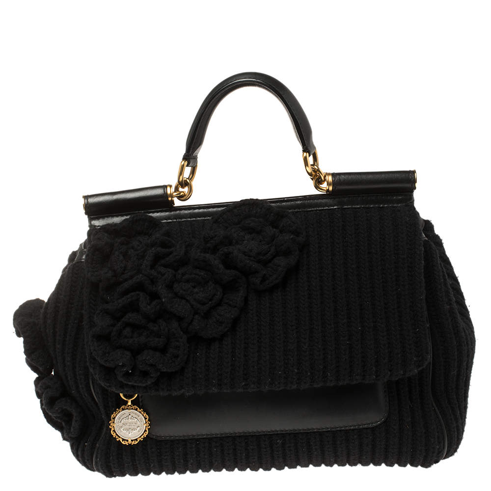 Pre Owned Dolce & Gabbana Black Wool and Leather Large Miss Sicily Top Handle Bag