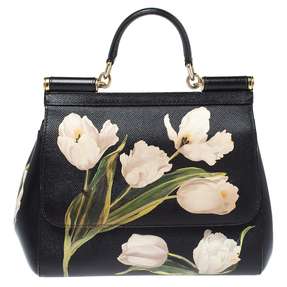Dolce & Gabbana Black Floral Print Leather Medium Sicily Top Handle Bag