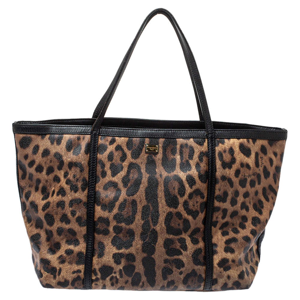 Pre Owned Dolce & Gabbana Black/Beige Leopard Print Coated Canvas and Leather Miss Escape Tote