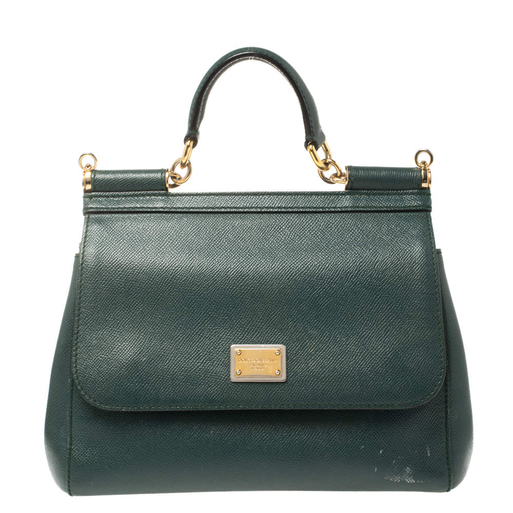 Pre Owned Dolce & Gabbana Dark Green Leather Medium Miss Sicily Top Handle Bag