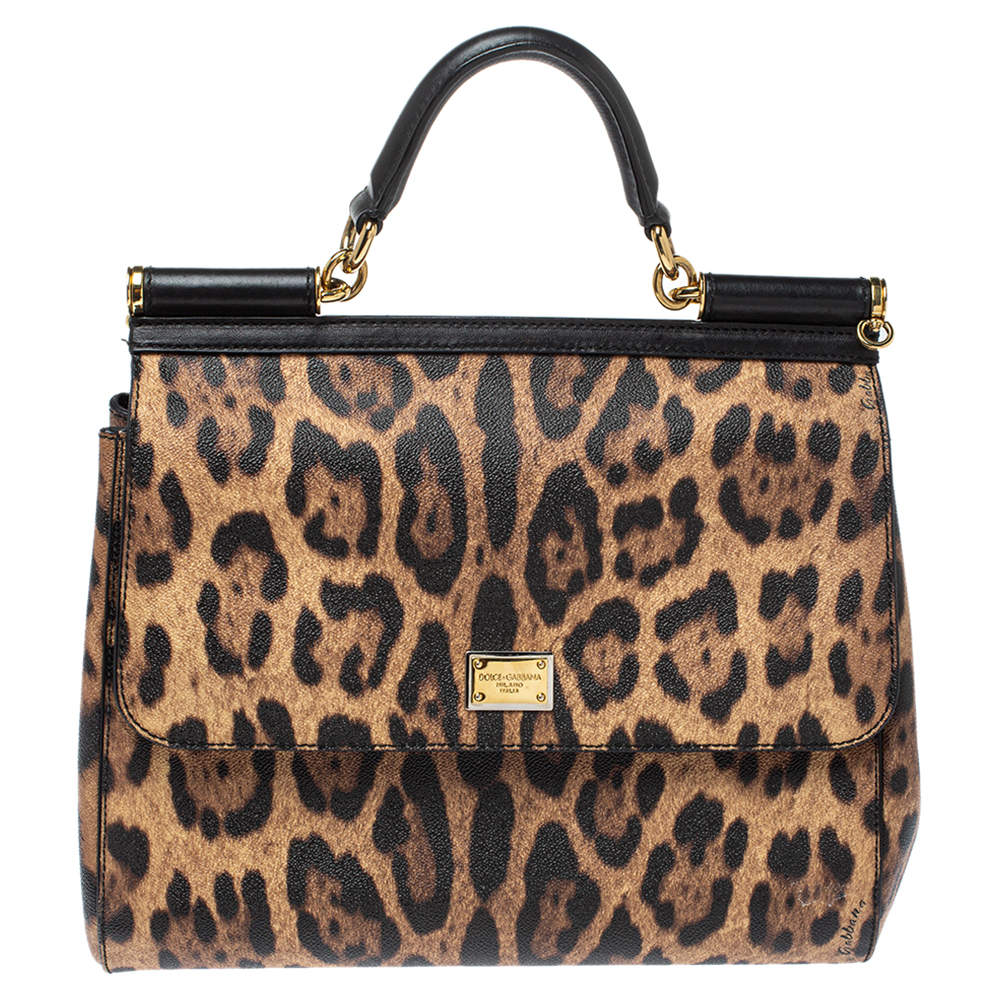 Pre Owned Dolce & Gabbana Black/Brown Leopard Print Coated Canvas and Leather Sicily Top Handle Bag
