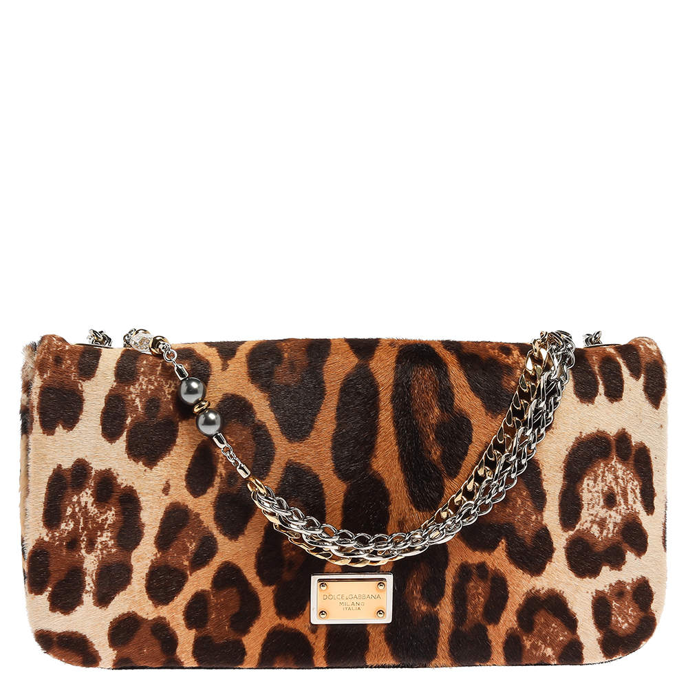 Pre Owned Dolce & Gabbana Brown Leopard Print Calfhair and Leather Miss Charles Shoulder Bag