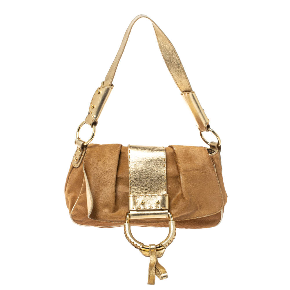 Dolce & Gabbana Brown/Gold Calfhair and Leather D Ring Flap Shoulder Bag