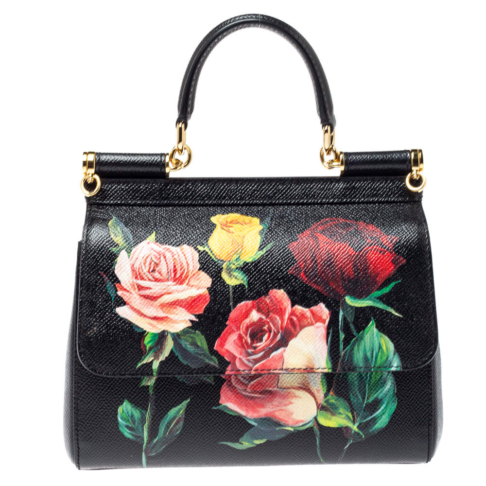 Dolce and Gabbana Black Rose Print Dauphine Leather Small Miss