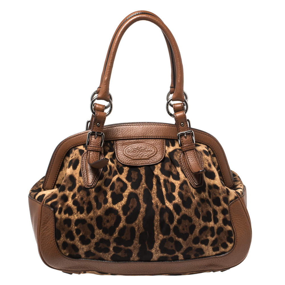 Pre Owned Dolce & Gabbana Brown Leopard Print Canvas and Leather Animalier Zip Satchel