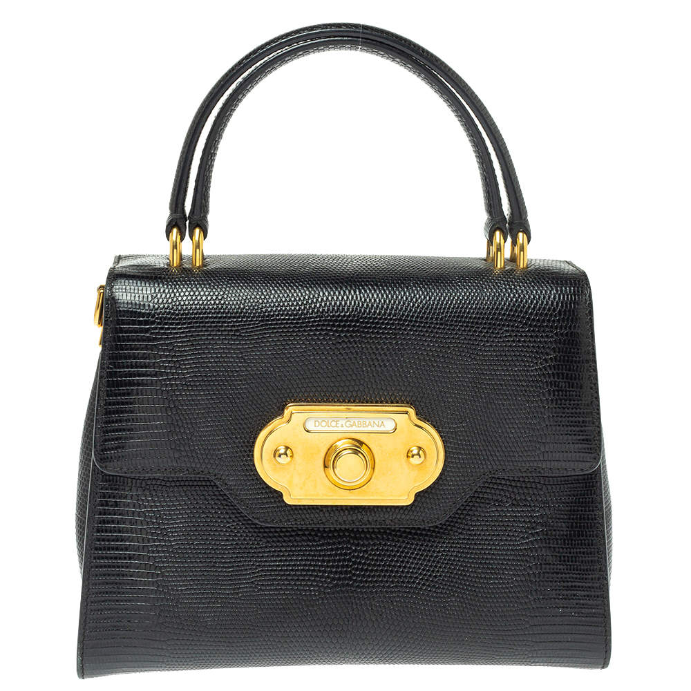Pre Owned Dolce & Gabbana Black Lizard Embossed Leather Welcome Top Handle Bag