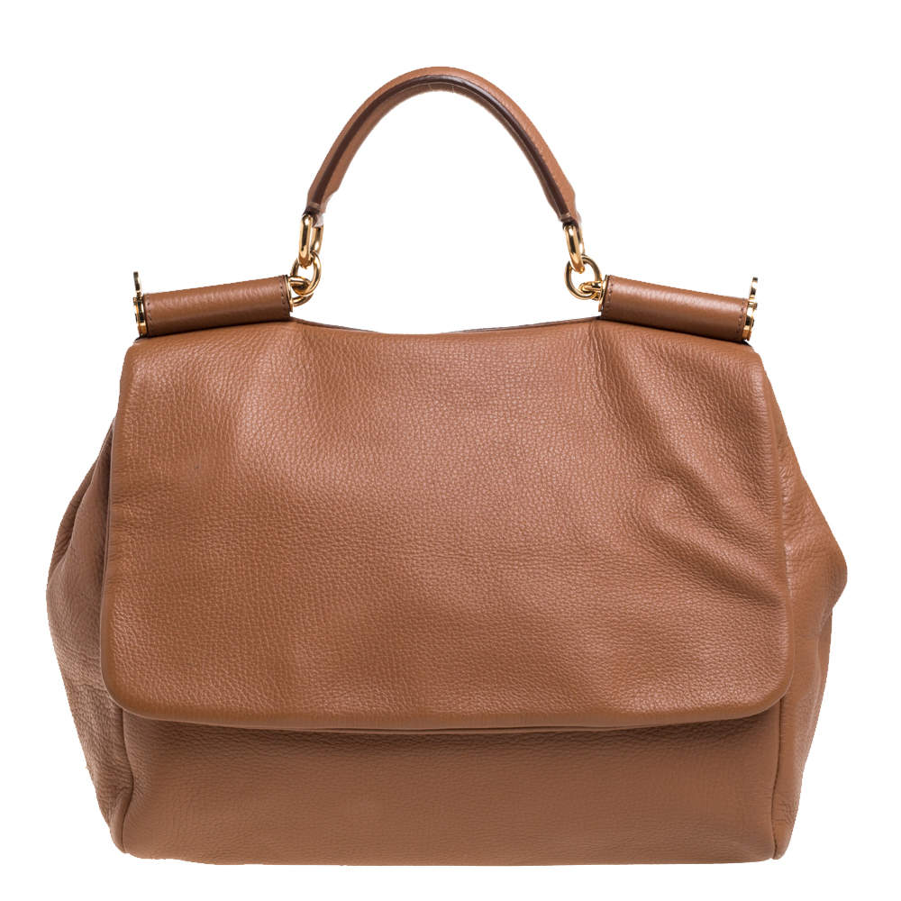 مملوكة مسبقًا حقيبة دولتشي أند غابانا ميس سيسيلي كبيرة يد علوية جلد ناعم بني فاتح