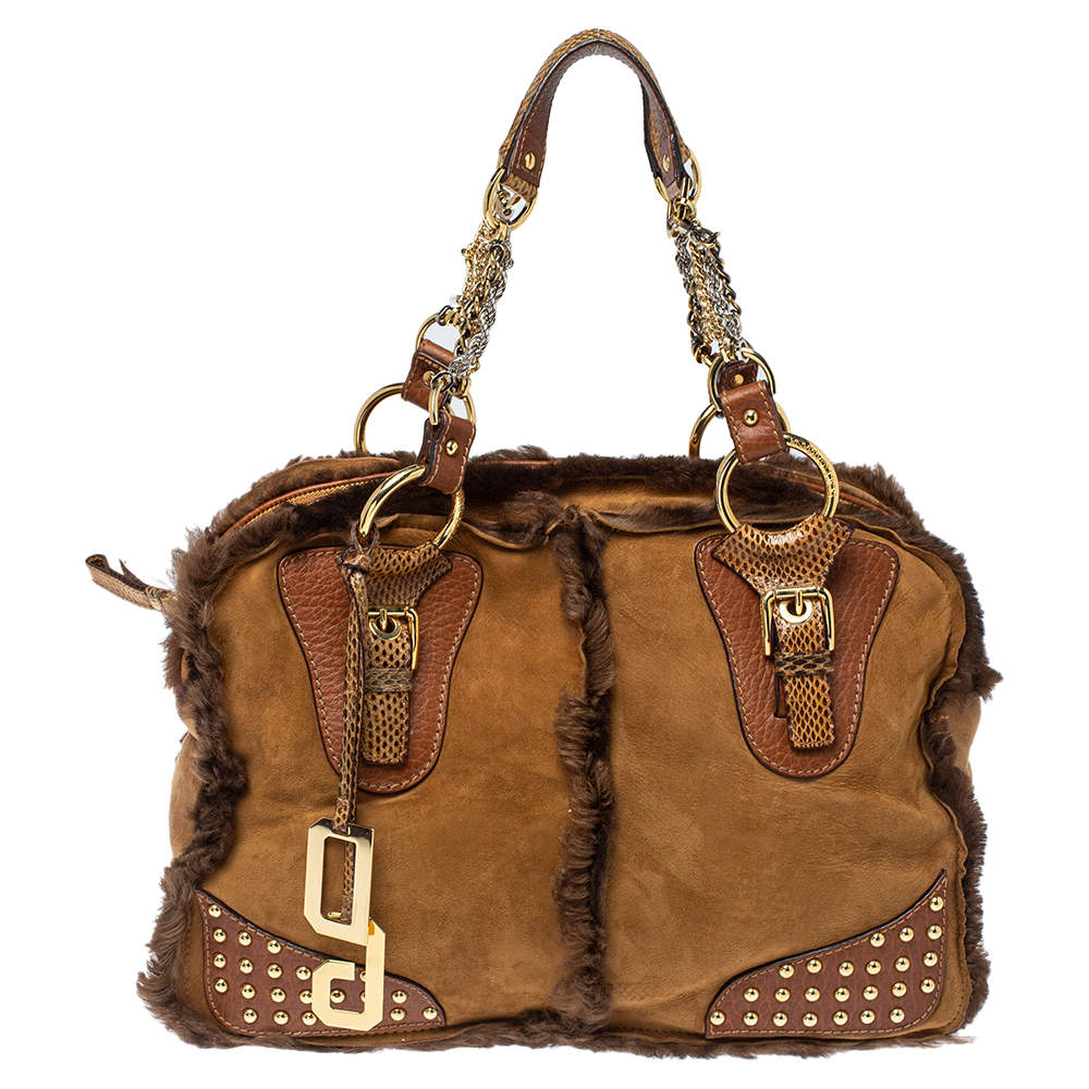 Pre Owned Dolce & Gabbana Brown Shearling and Snakeskin Studded Satchel