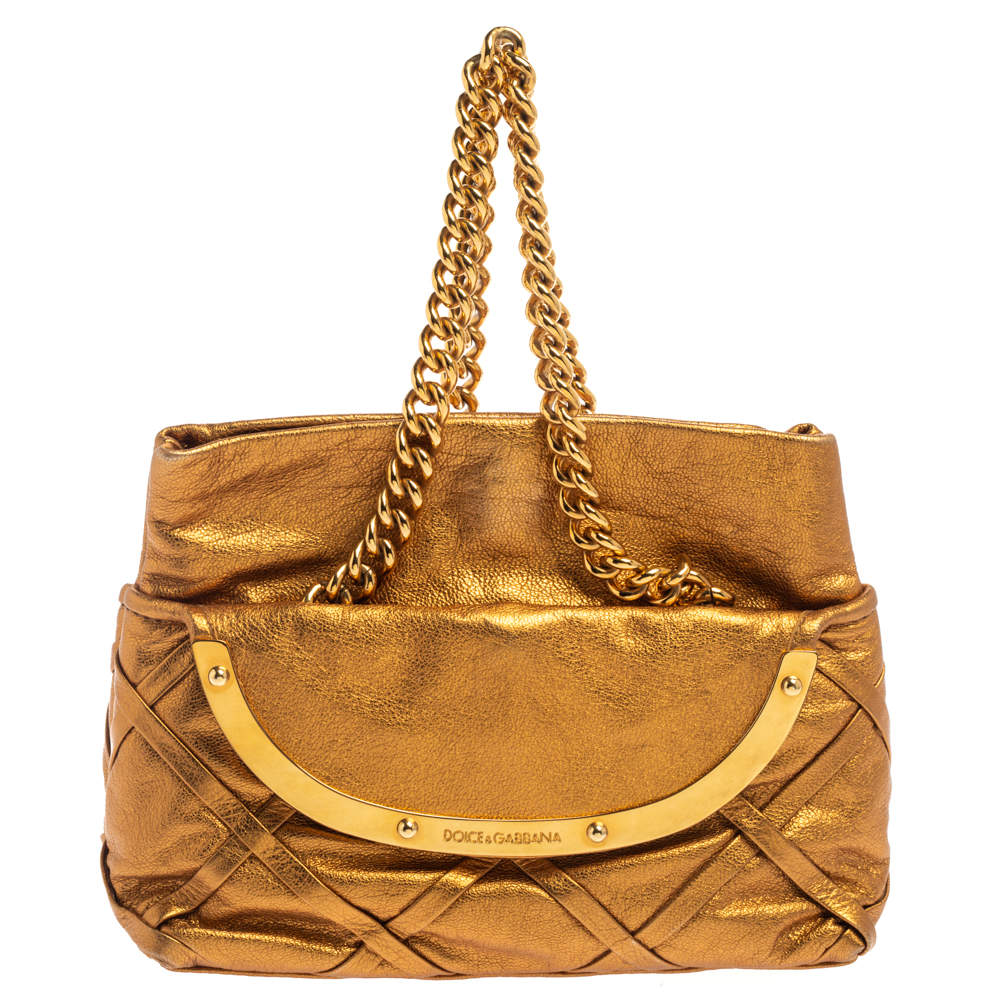 Pre Owned Dolce & Gabbana Gold Leather Miss Camp Chain Tote