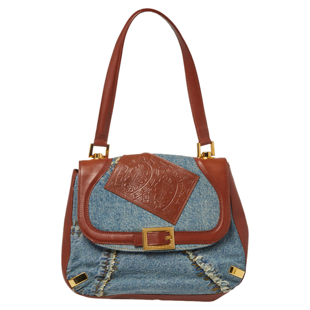 Dolce & Gabbana Blue/Brown Leather and Denim Buckle Detail Satchel Bag