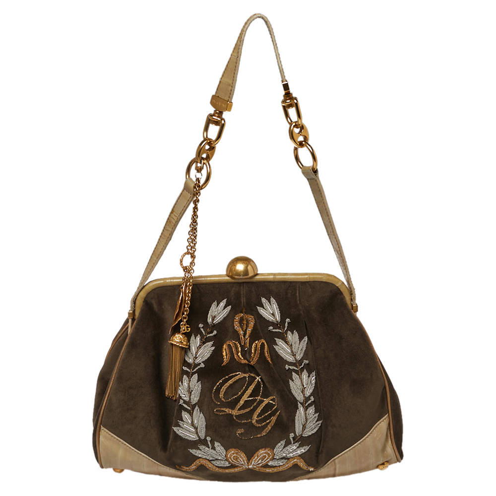 Pre Owned Dolce & Gabbana Olive Green Velvet And Eel Shoulder Bag