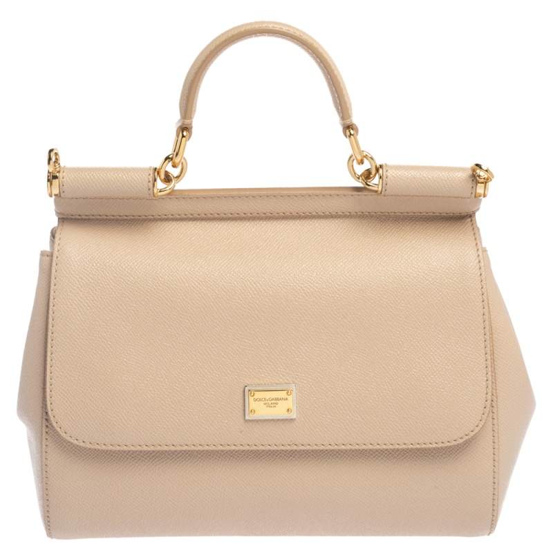Pre Owned Dolce & Gabbana Beige Leather Medium Miss Sicily Top Handle Bag
