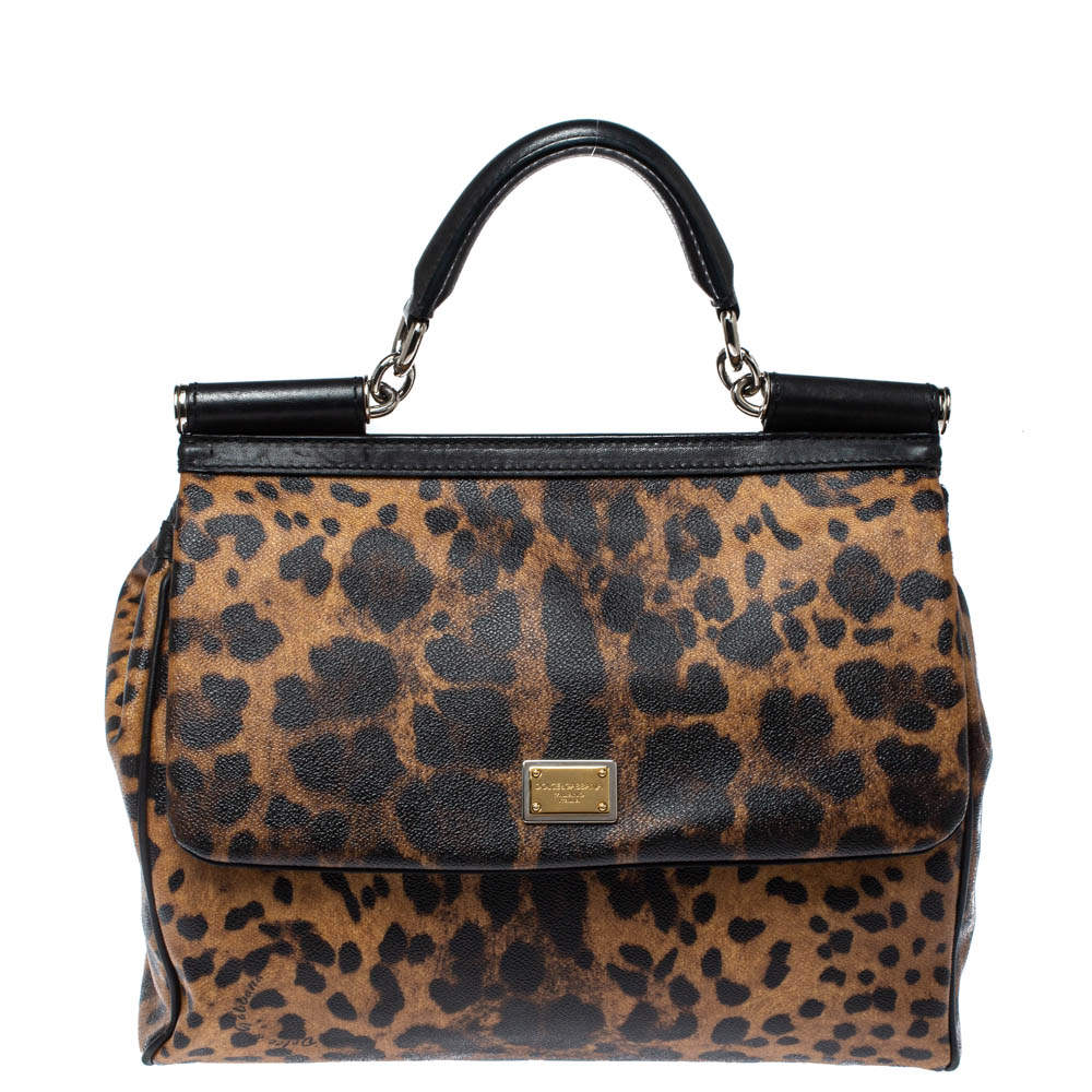 Pre Owned Dolce & Gabbana Black/Brown Leopard Print Coated Canvas and Leather Large Miss Sicily Top Handle Bag