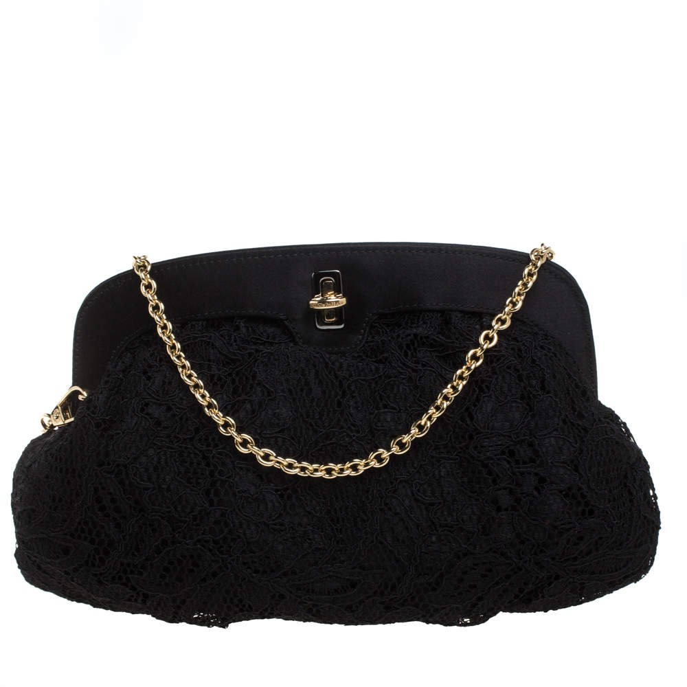 Pre Owned Dolce & Gabbana Black Lace and Stain Turnlock Frame Chain Bag