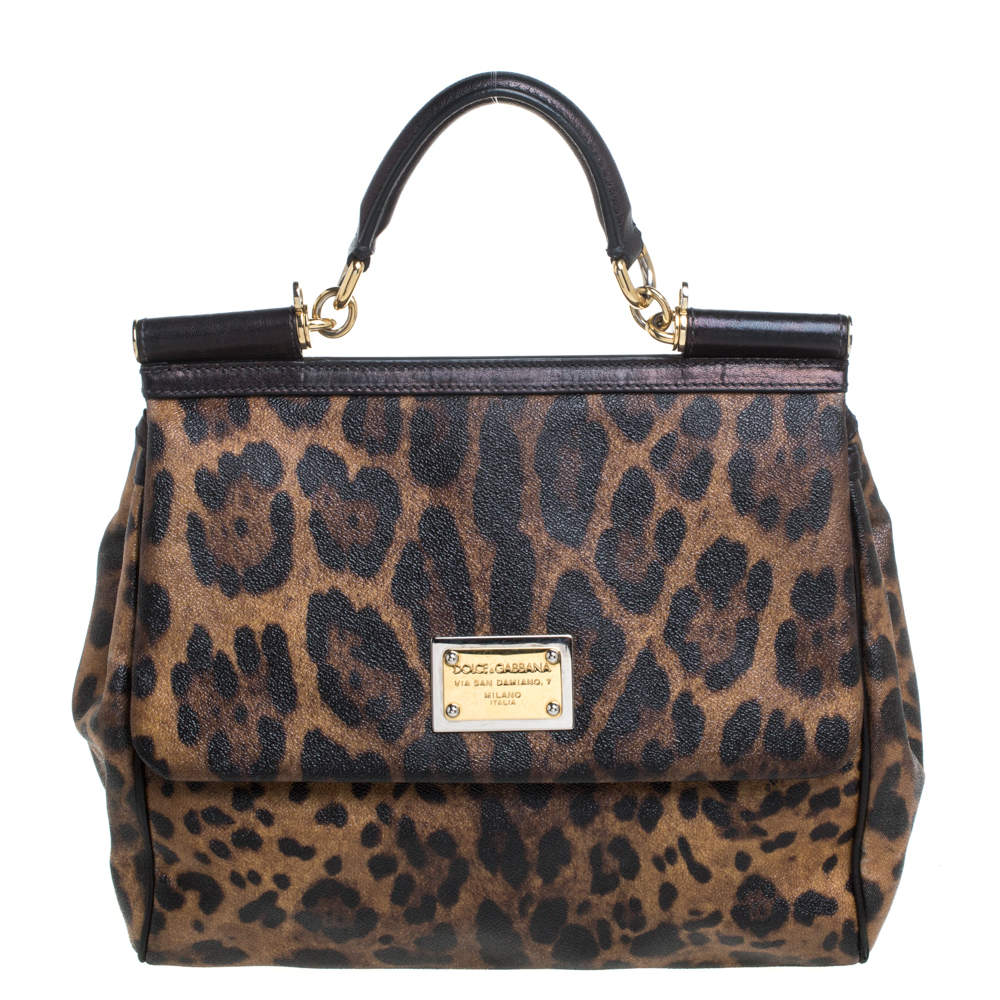 Pre Owned Dolce & Gabbana Black/Brown Leopard Print Coated Canvas and Leather Large Sicily Top Handle Bag