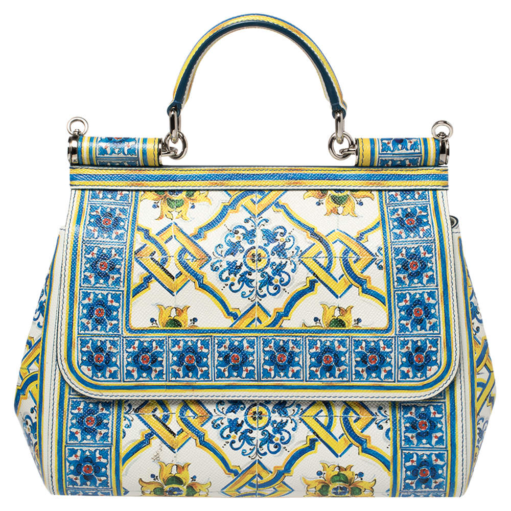 Pre Owned Dolce & Gabbana Multicolor Majolica Print Leather Medium Miss Sicily Top Handle Bag