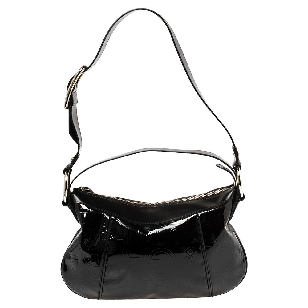 Pre Owned حقيبة هوبو دولتشي أند غابانا جلد و جلد لامع مطبوع شعار الماركة أسود