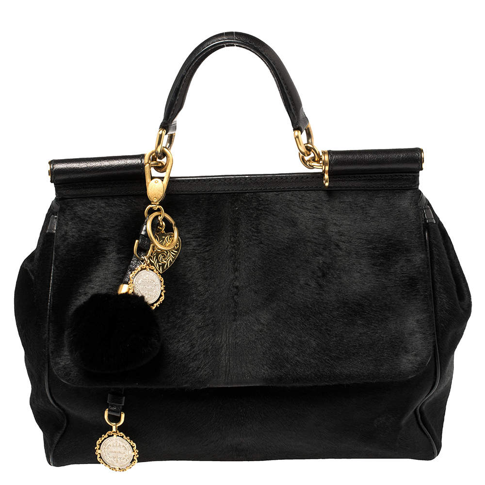 Pre Owned Dolce & Gabbana Black Calf Hair And Leather Large Miss Sicily Top Handle Bag