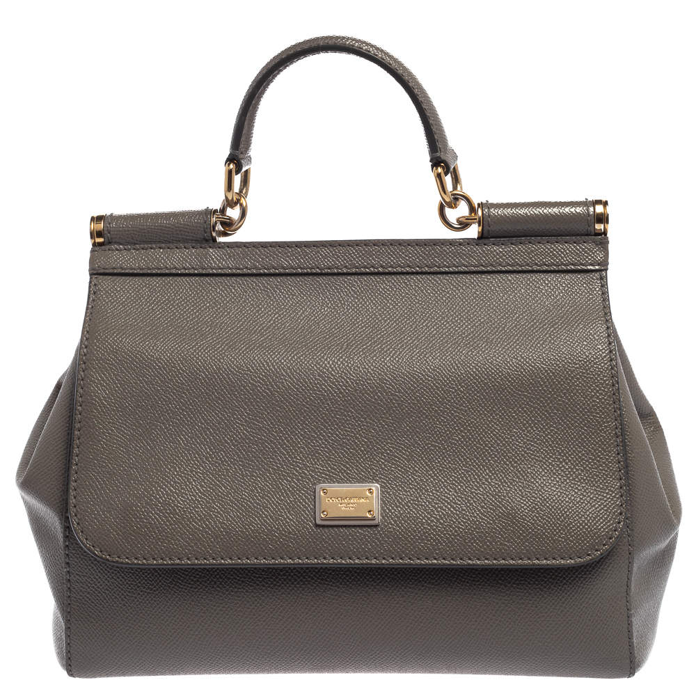 Pre Owned Dolce & Gabbana Grey Leather Medium Miss Sicily Top Handle Bag