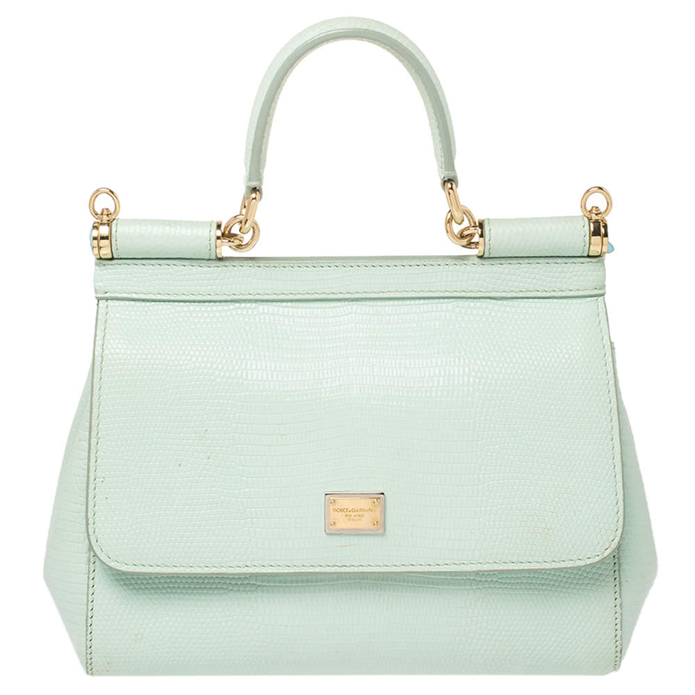 Pre Owned Dolce & Gabbana Green Lizard Embossed Leather Small Miss Sicily Top Handle Bag