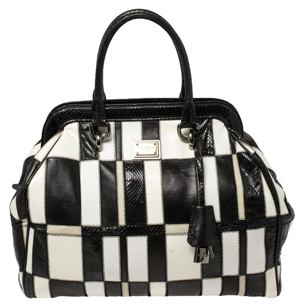 Pre Owned Dolce & Gabbana Black/White Snakeskin and Leather Patchwork Frame Satchel