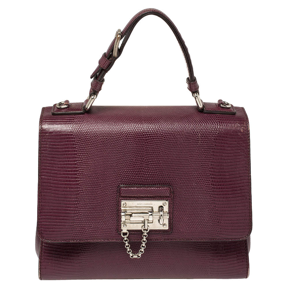 Dolce & Gabbana Burgundy Lizard Embossed Leather Medium Miss Monica Top Handle Bag