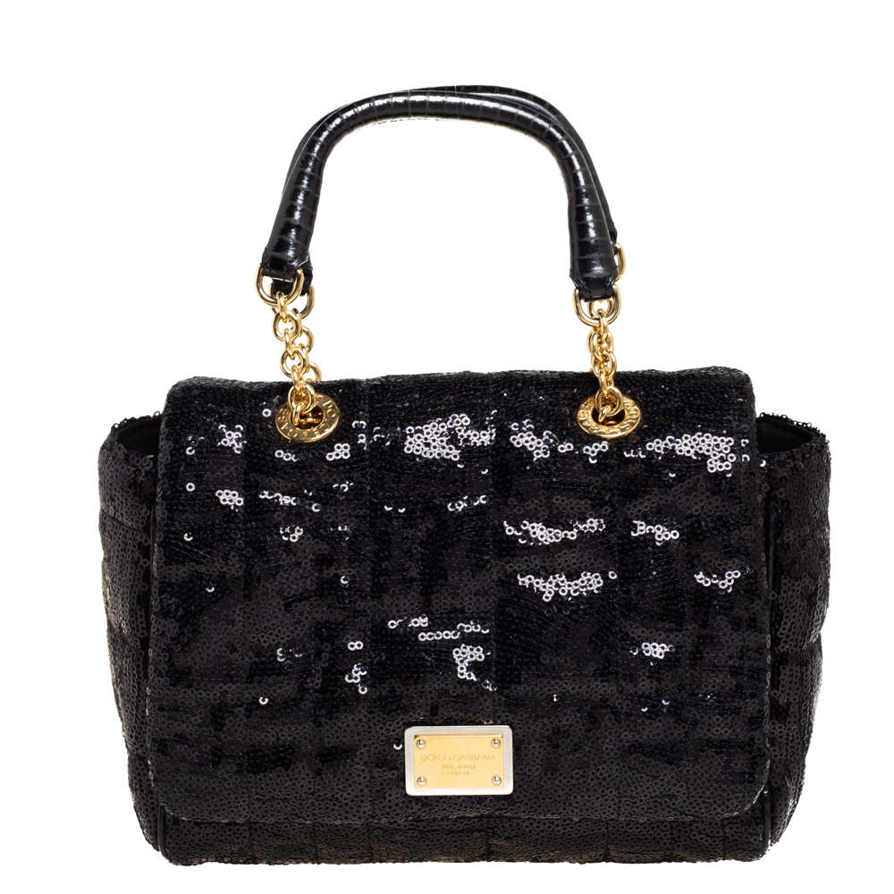 Dolce & Gabbana Black Sequin Small Sicily Top Handle Bag