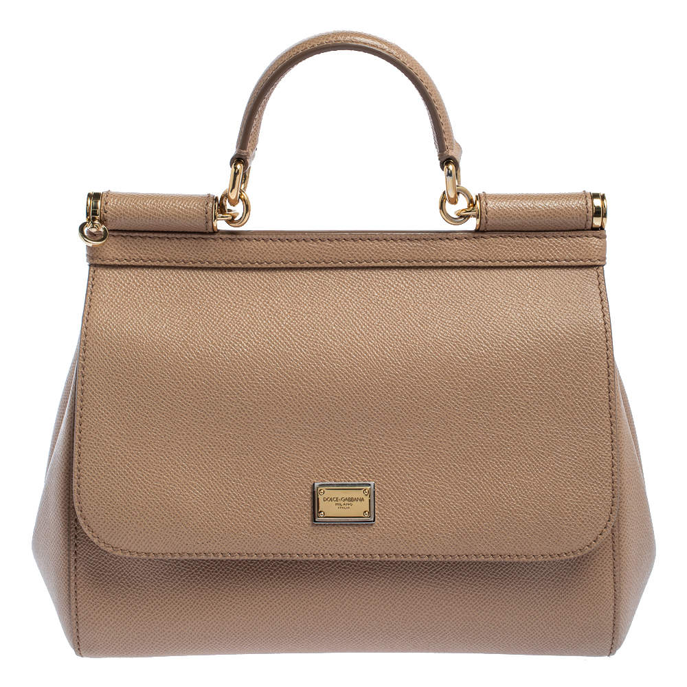 Pre Owned Dolce & Gabbana Beige Leather Medium Miss Sicily Top Handle Bag