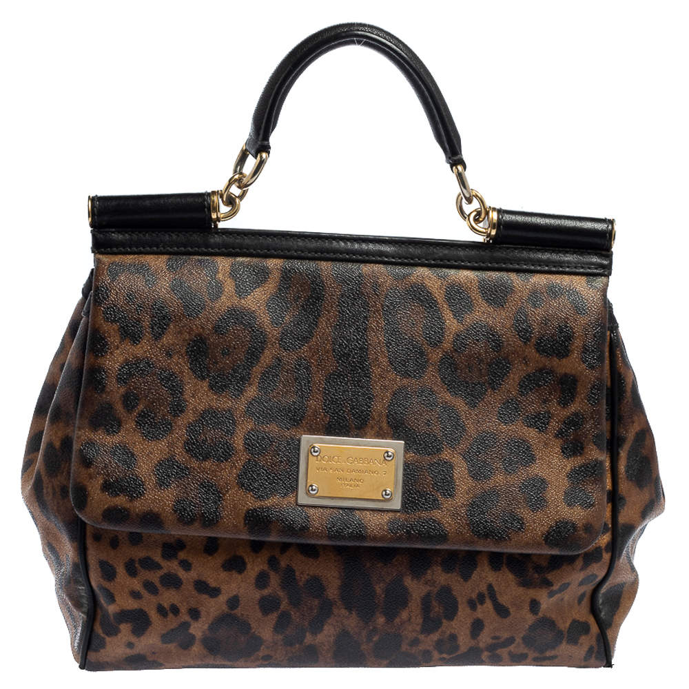 مملوكة مسبقًا Dolce & Gabbana Black/Brown Leopard Print Coated Canvas and Leather Large Miss Sicily Top Handle Bag