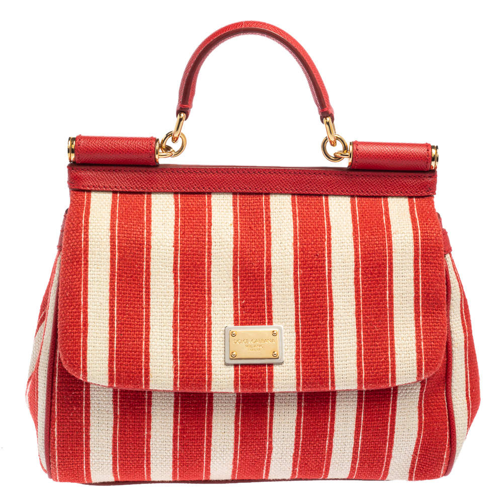 Dolce & Gabbana Red/White Stripe Raffia and Leather Medium Miss Sicily Top Handle Bag