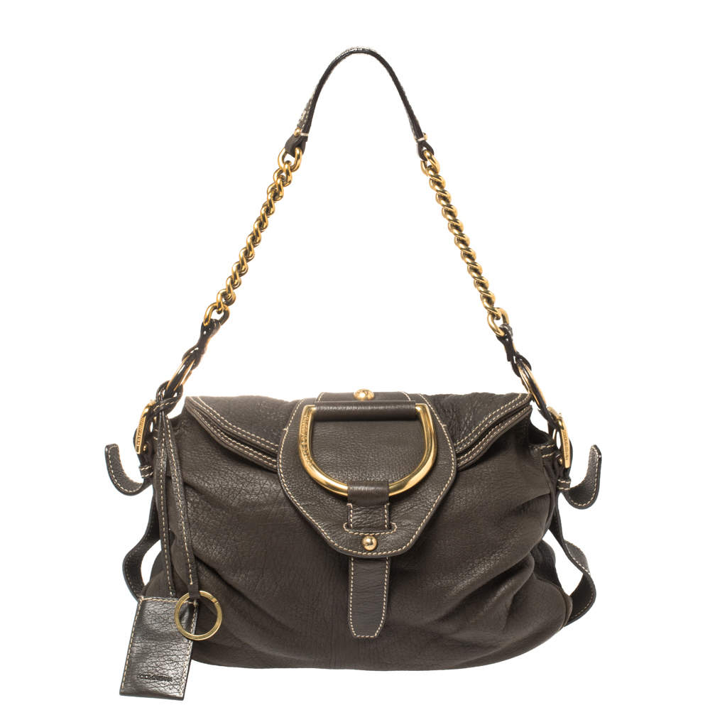 Pre Owned Dolce & Gabbana Dark Brown Pebbled Leather D Ring Flap Hobo