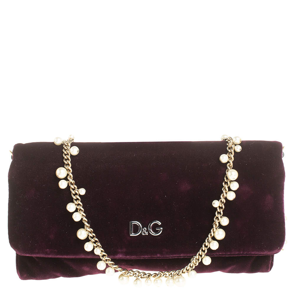 Pre Owned Dolce & Gabbana Purple Velvet Sasha Pearl Chain Bag