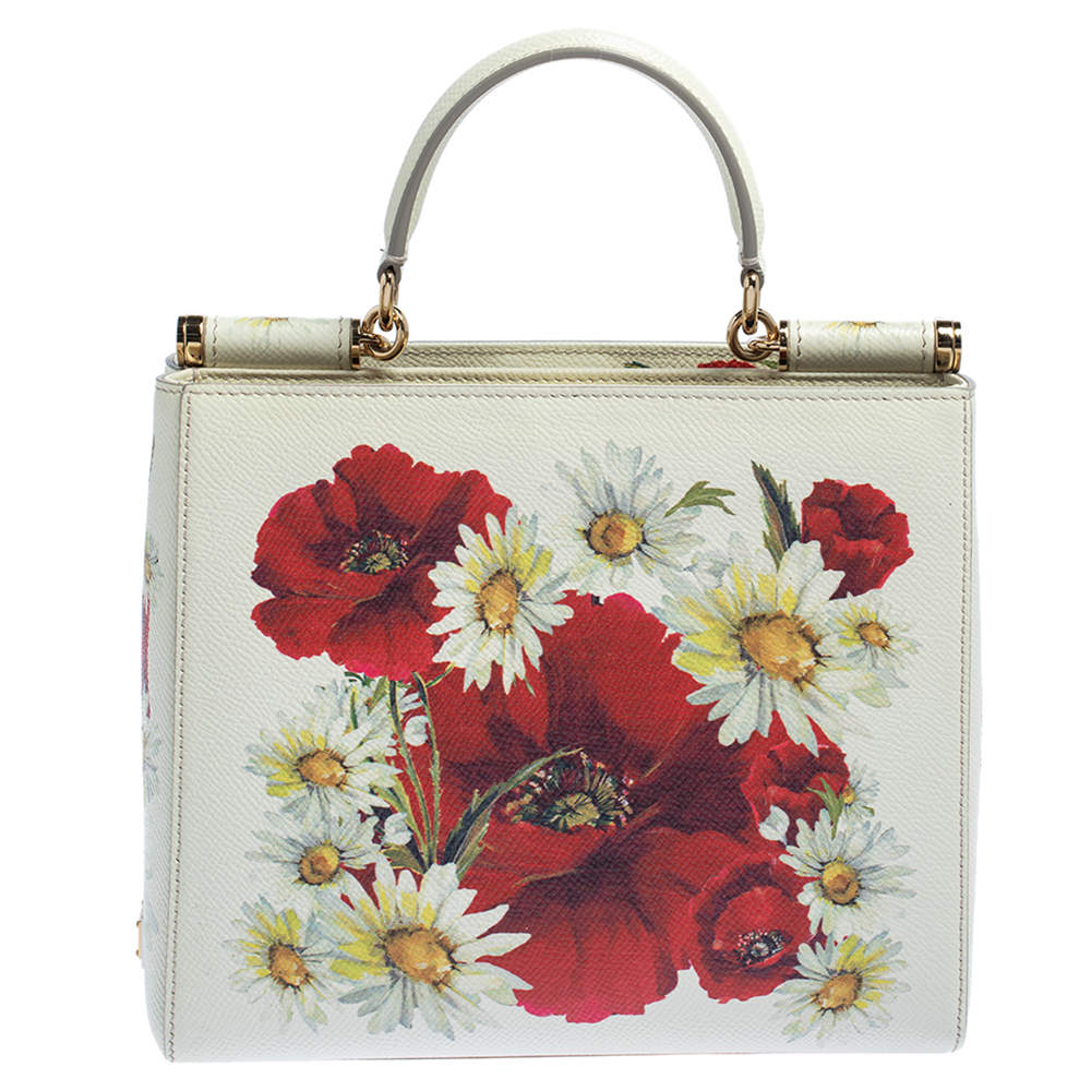 Dolce & Gabbana Off White Floral Print Leather Small Miss Sicily 