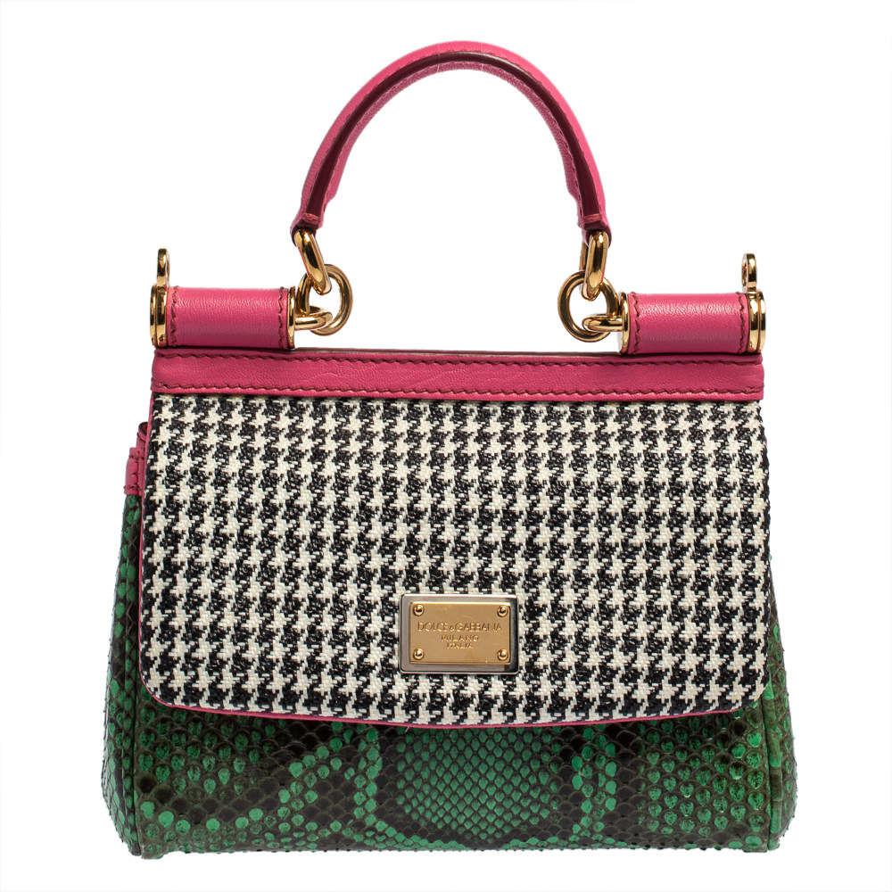 Pre Owned Dolce & Gabbana Multicolor Woven Straw, Leather and Python Small Miss Sicily Top Handle Bag